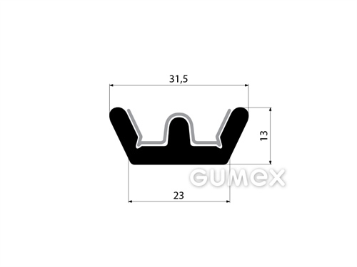 Profil pryžový tvaru "W" se sametkou, 13x31,5/5mm, délka 5000mm, 70°ShA, EPDM, -40°C/+100°C, černý